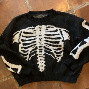 Black and White Crew Neck Sweater with Skeleton Design